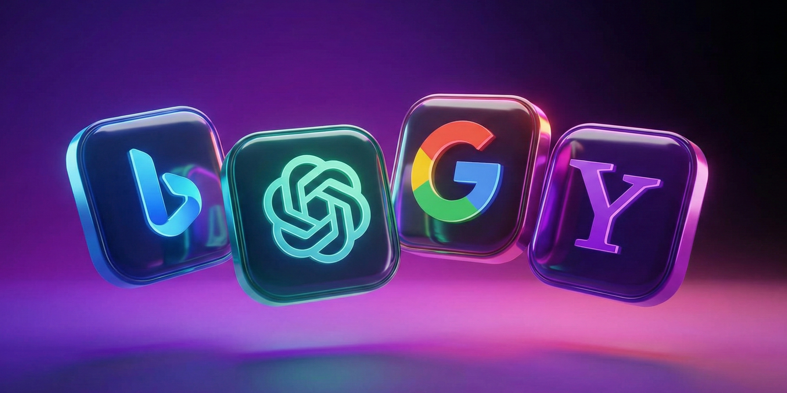 Floating logos of Bing, ChatGPT, Google and Yahoo comparing AI and SEO.
